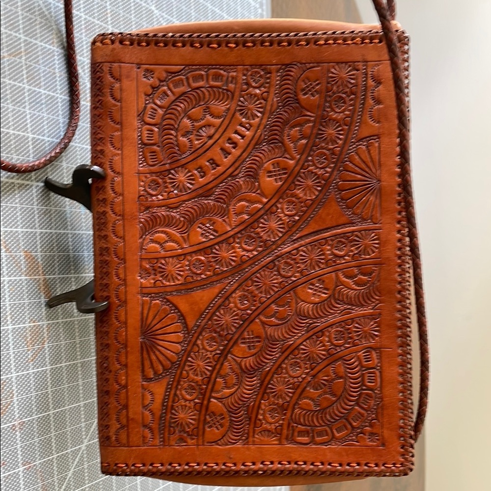 Intricately Tooled Brown Leather Shoulder Bag